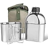 Afranti Stainless Steel Military Canteen 1.2QT Portable Army Water Bottle with 0.6QT Cup & Sleeves for Camping Hiking Climbing and Most Outdoor Activities