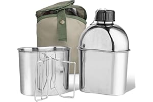 Afranti Stainless Steel Military Canteen 1.2QT Portable Army Water Bottle with 0.6QT Cup & Sleeves for Camping Hiking Climbing and Most Outdoor Activities
