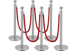 Berverra Silver Stanchion Post for Red Carpet, 6 Pack Stanchions and 4pcs Red Velvet Ropes, Fillable Plastic Base can Fill with Sand/Water, Queue Barrier Line Divider for Airport,Parties,Events,Clubs