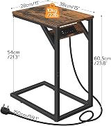 HOOBRO C Shaped Side Table with Charging Station Rustic Brown Black view 3
