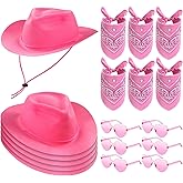 Newcotte 18 Pcs Western Cowboy Plastic Hat Set Include 6 Hats 6 Paisley Bandanas 6 Pairs Heart Glasses for Party