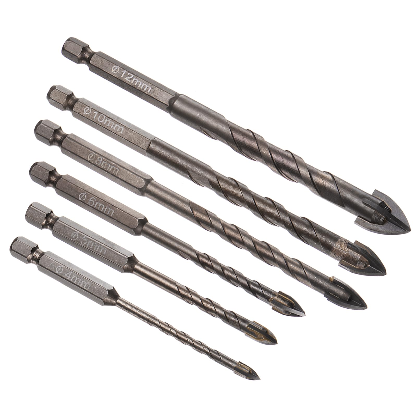 Kozelo 6pcs Masonry Drill Bit Set - [ 4mm to 12mm ] Concrete Drill Bit Set for Brick/Metal/Glass/Wood Use, 1/4" Hex Shank, Carbide Tipped, High Speed Steel