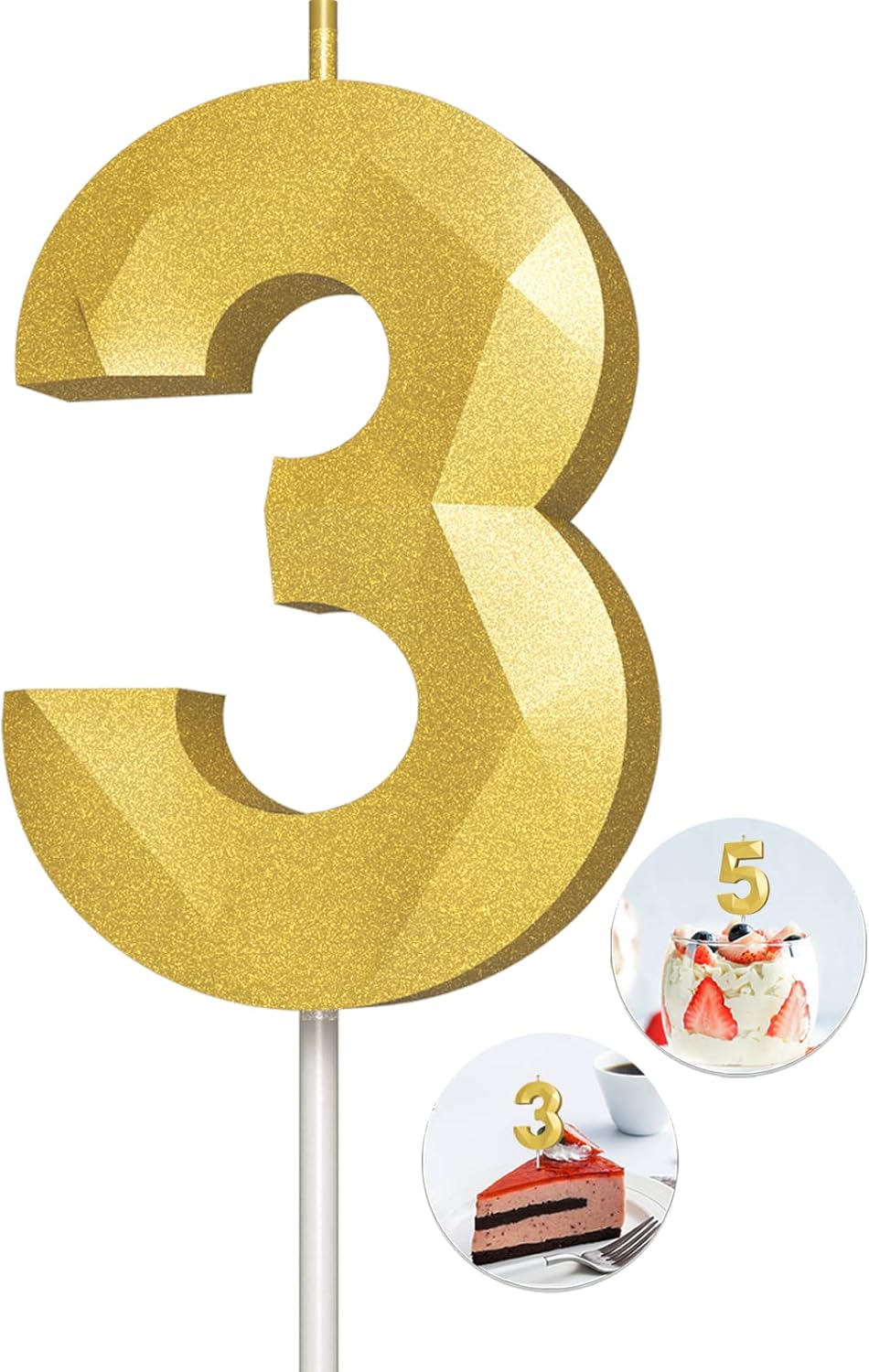 Candles & Holders - Number Birthday Candles(3 Candle Gold) 3D Diamond Shape Number Happy Birthday Cake Candles for Birthday Party Wedding Decoration Reunions Theme Party