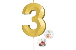 KENJOVIVO Number Birthday Candles(3 Candle Gold) 3D Diamond Shape Number Happy Birthday Cake Candles for Birthday Party Wedding Decoration Reunions Theme Party