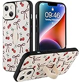 Ufbara Compatible with iPhone 14 Case for Women Girls, Cute Cherry Bow Ribbon Bowknot Pattern, Built in Adjustable Wrist Strap Grip Hand Holder Shockproof Kickstand Cover (White)