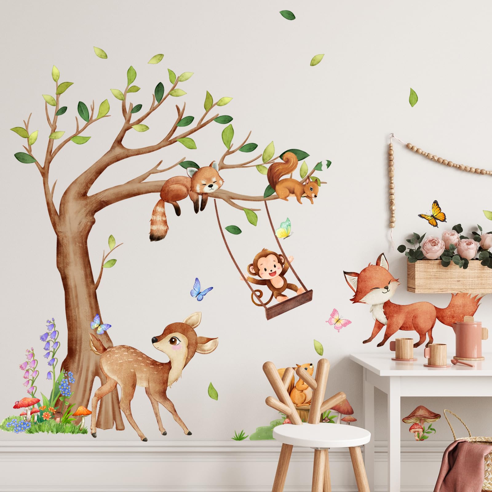 Woodland Animals Wall Stickers for Nursery, Watercolor Forest Tree Wall Decals with Fox, Deer & Squirrel, Peel and Stick Wall Art for Kids Bedroom, Vinyl Stickers in Gift Box — image 1