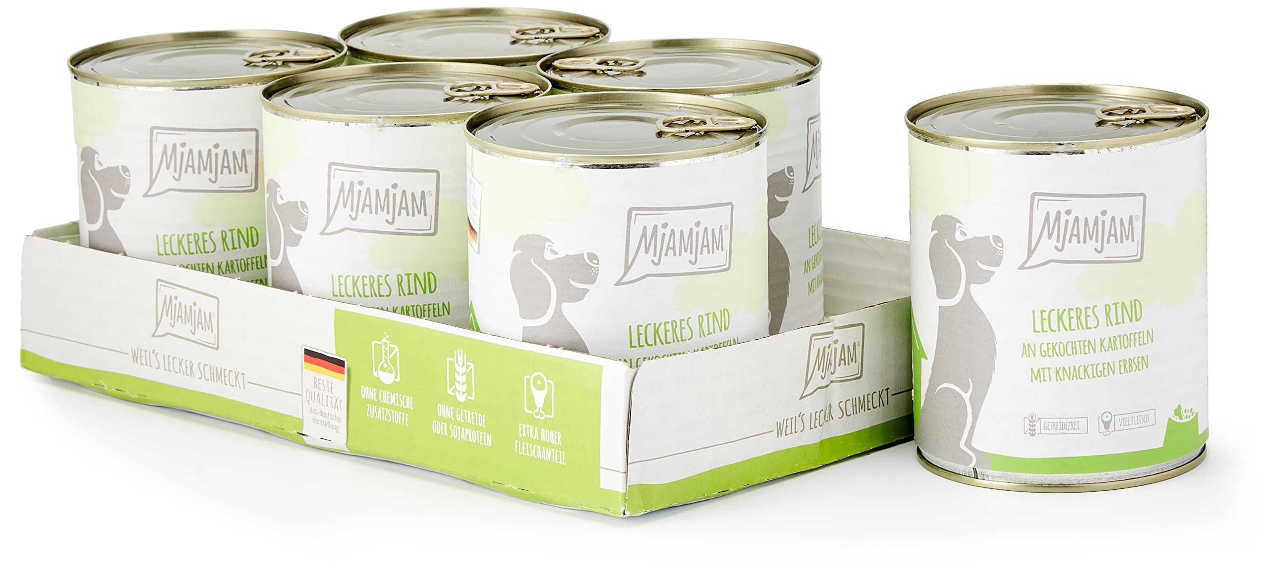 MjAMjAM - premium wet food for dogs - delicious beef on boiled potatoes with crispy peas, pack of 6 (6 x 800 g), natural with extra meat