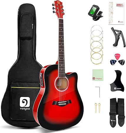 Vangoa Guitarra Electro Acústica, 41 Pulgadas Guitarra Eléctrica Acústica 4 Band EQ Guitarras Principiantes con Kits de Inicio, Rojo