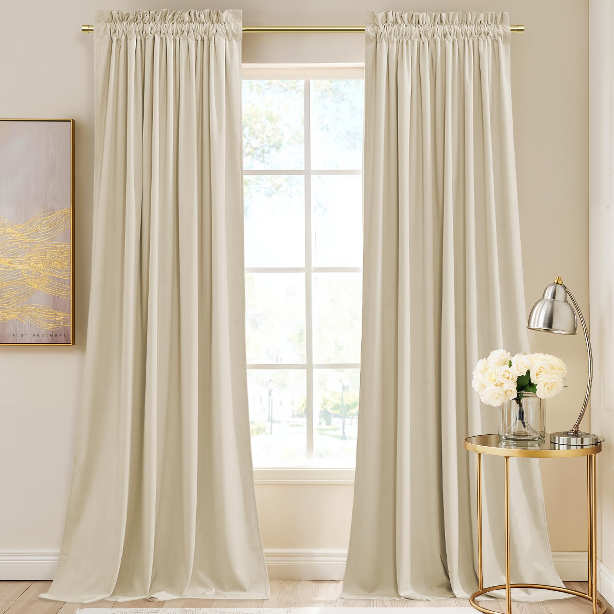 Photo 1 of StangH Beige Curtains 90 inches Long Super Soft Velvet Light Dimming Window Drapes Rod Pocket Thermal Insulated Privacy Panels for Living Dining Room, W52 x L90, 2 Panels