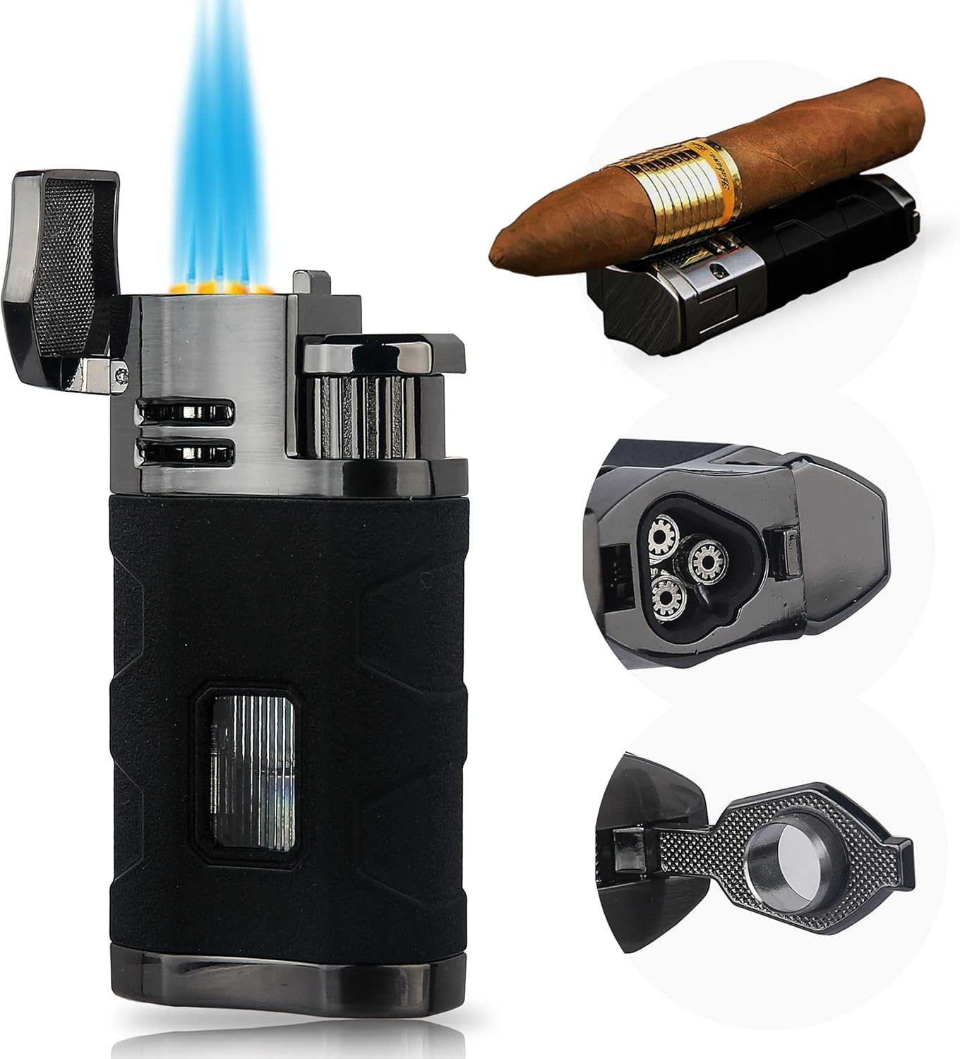 PROMISE Torch Lighter Triple Jet Flame Refillable Butane Cigar Lighter Windproof Lighters with Cigar Punch - Butane Not Included (Black Crackle)