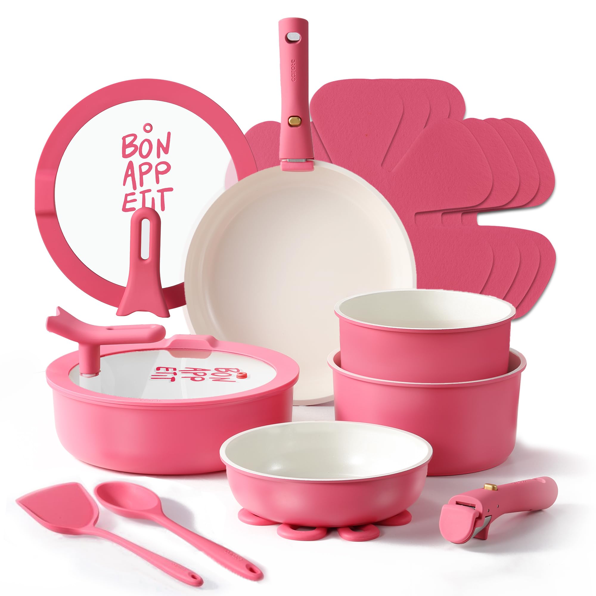 Photo 1 of CAROTE 18Pcs Ceramic Cookware Set with Detachable Handle, Pots and Pans Set Non Stick, Non Toxic Kitchen Cooking Sets with Stand-Up Lid, PFAS and PFOA Free, Oven Safe, Induction Ready, Pink