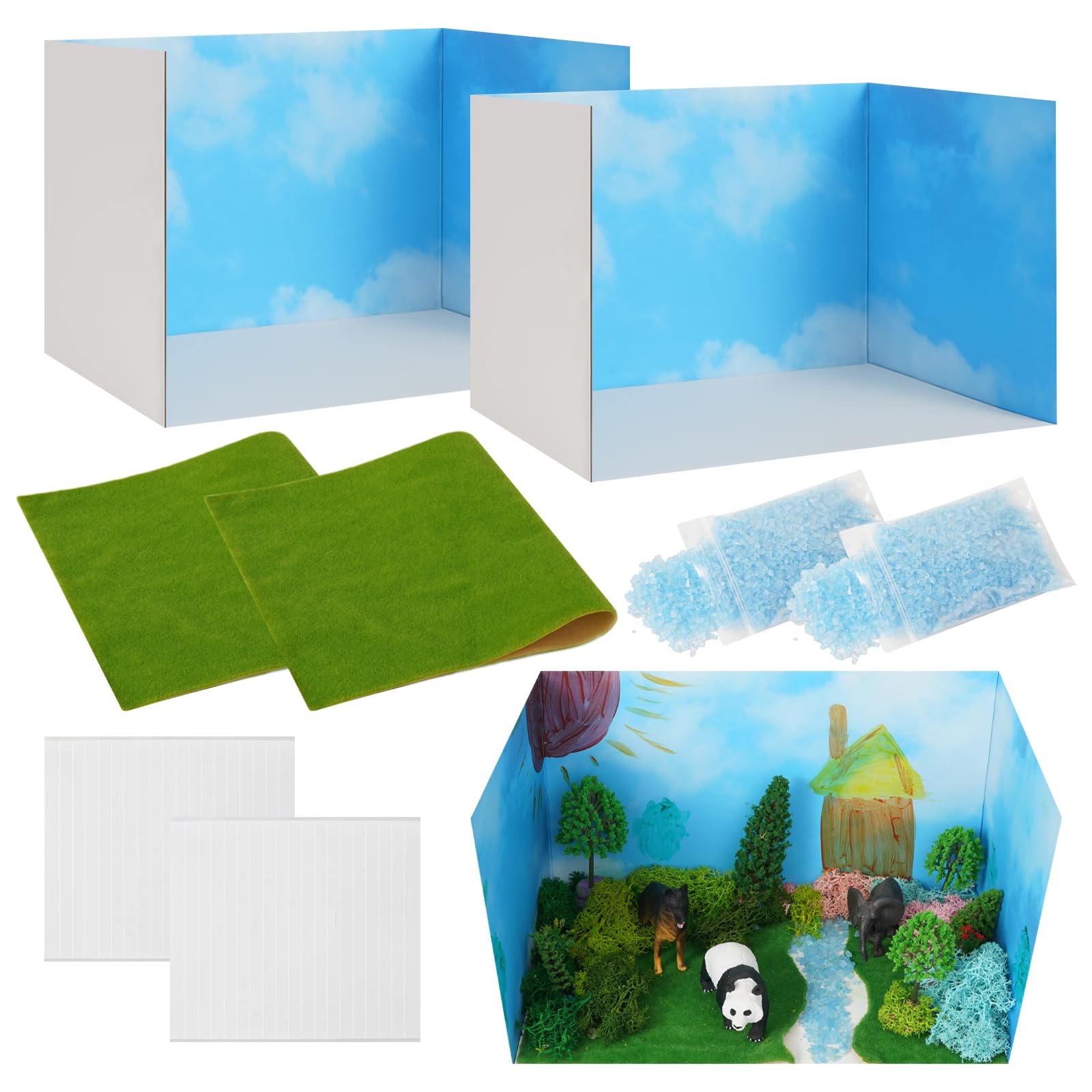 Photo 1 of Ecmln 8 Pcs Cardboard Diorama Kit Includes Diorama Box for Display Artificial Grass with Double-Sided Tapes Blue Sand Ideals for Boys Girls DIY Crafts