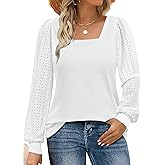 Rapbin Womens Square Neck Puff Sleeve Tops Dressy Casual Eyelet Long Sleeve Shirts Loose Trendy Blouses S-XXL