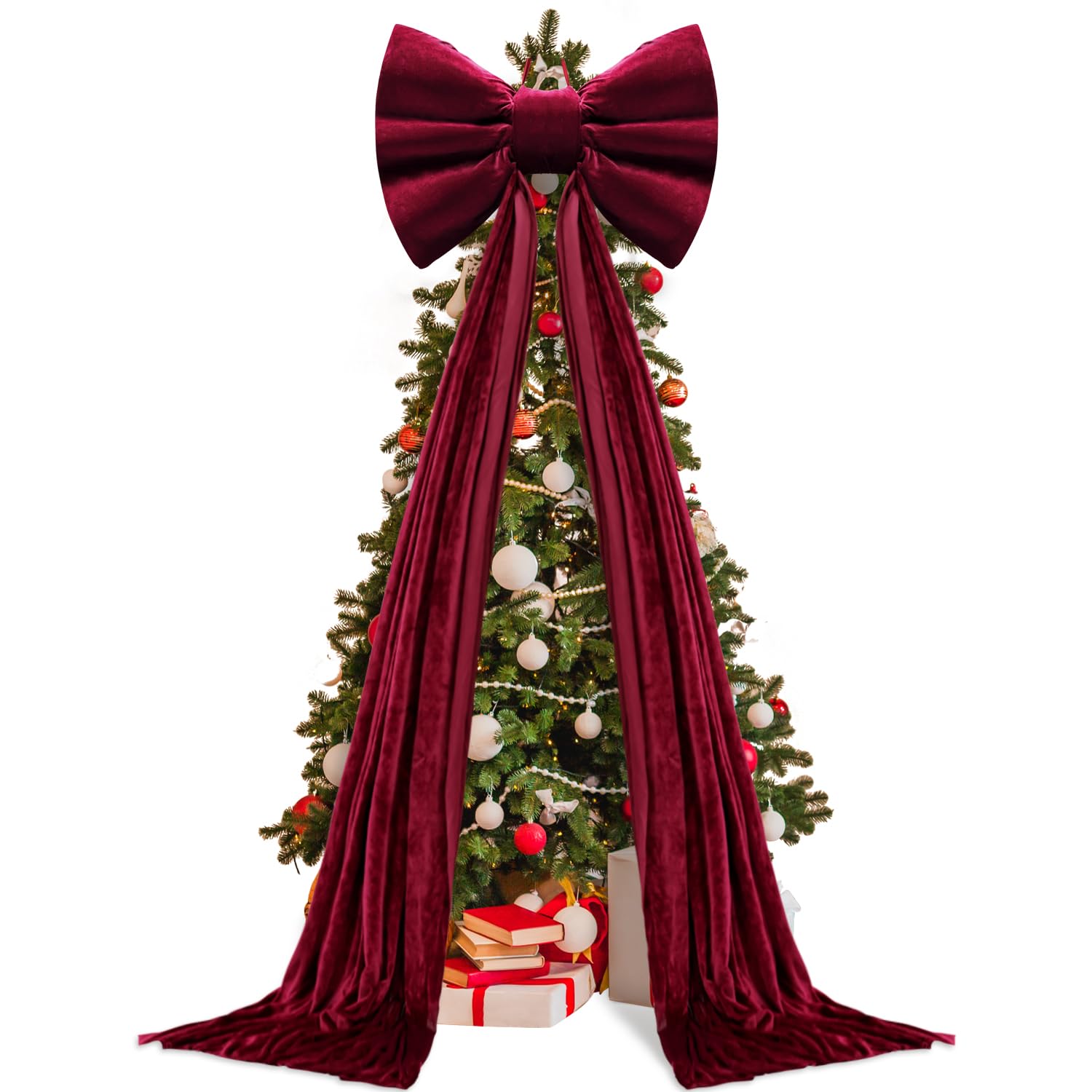 Photo 1 of 27.5 x 82.7 inch Extra Large Burgundy Velvet Christmas Tree Topper Bows with Long Streamers Big Decorative Bow for Wedding Birthday Party Supplies Holiday Home Decor (Burgundy, 27.5 x 82.7'')