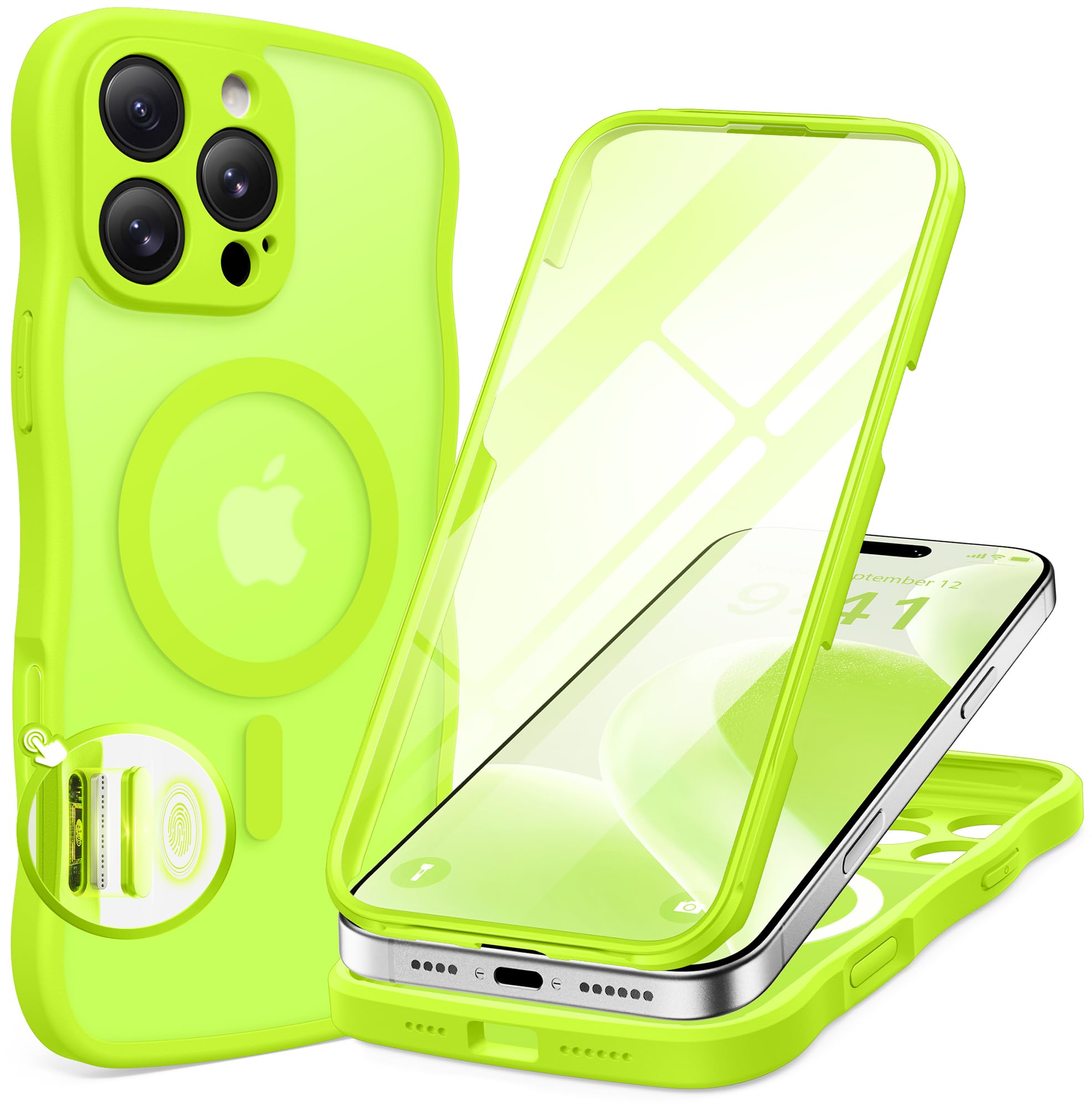 BERFY for iPhone 16 Pro Max Case for Women Girls, [Compatible with MagSafe][Built-in Glass Screen Protector and Camera Protection] Cute Wave Matte Phone Case for iPhone 16 Pro Max 6.9", Bright Green