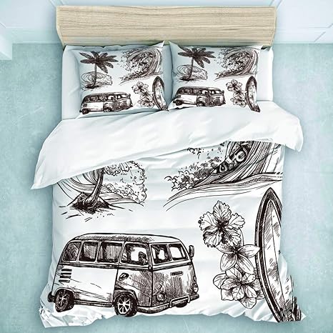 Amazon Oayuzz 布団カバー 4点セット 寝具カバー セット ふとんカバー 枕カバー ベッドカバー サーフィンスポーツライフスタイル波 サーフボードビーチバンスケッチアイコンセットモノクロイラスト ズレ防止 おしゃれ 柔らか素材 和風 190x210cm ダブル 寝具カバー