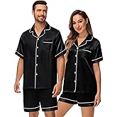 DIKFA Matching Silk Satin Pajamas Set for Couple Short Sleeve Sleepwear for Women&Men 2pcs Pjs Set Button-Down Nightwear Set