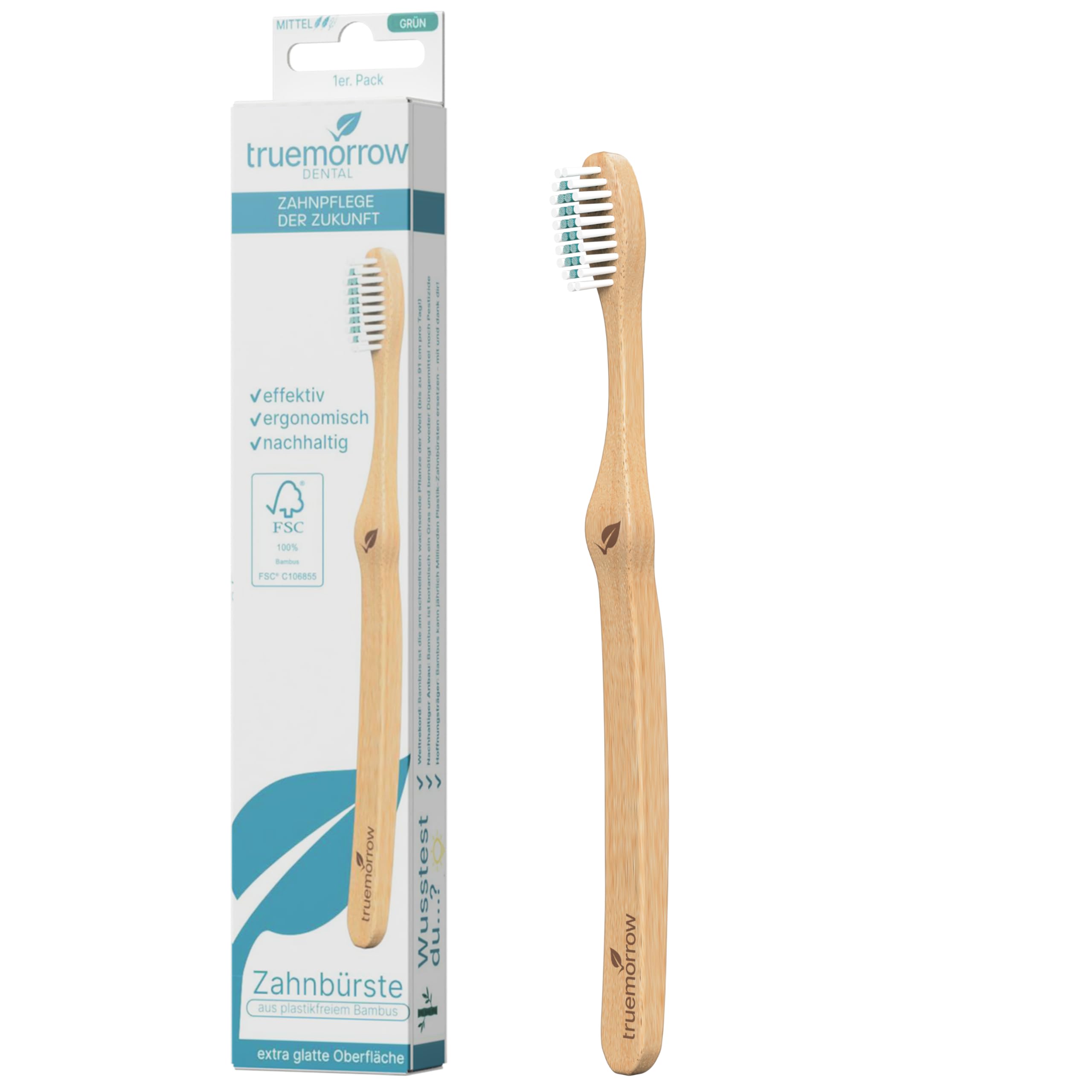 truemorrow Bamboo Toothbrush | Certified Sustainable, Plastic-Free, Biodegradable Handle | 100% Vegan | Bristles Green