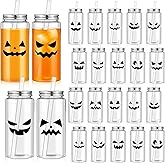 Potchen 24 Pcs Halloween Plastic Cups with Lids and Straws Reusable 13.5 oz Pumpkin Face Jack O Lantern Cups Beverage Drinking Plastic Tumbler Bulk for Halloween Trick or Treat Party Favor Supplies