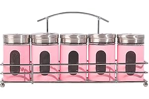 Servette Home Spice Rack with 5 Salt Pepper Shakers Retro Glass Spice Jars - Light Pink