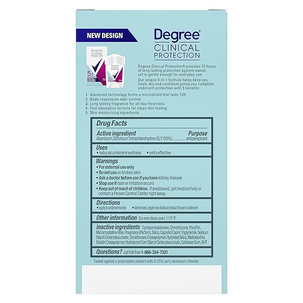 DEGREE CLINICAL PROTECTION ANTIPERSPIRANT DEODORANT 72-HOUR SWEAT & ODOR PROTECTION 5-IN-1 ANTIPERSPIRANT FOR WOMEN 1.7 OZ