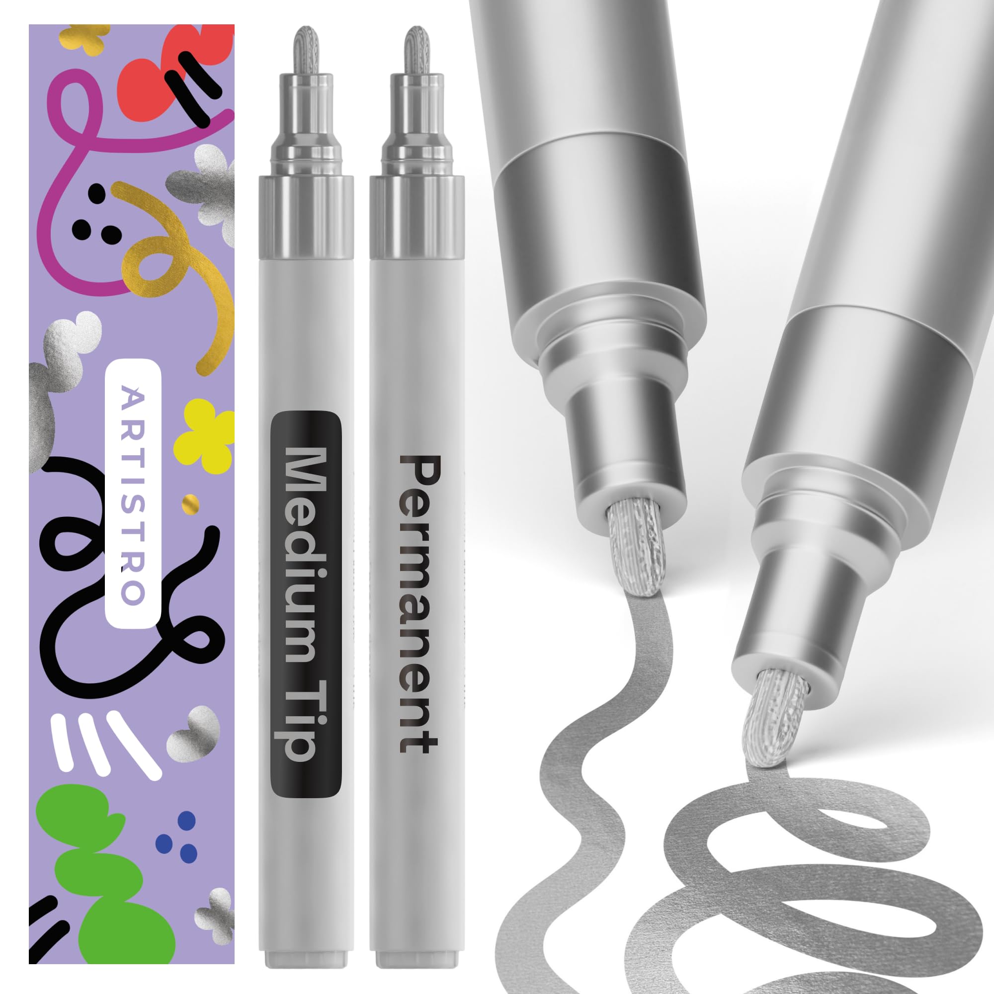 Photo 1 of ARTISTRO 2 Silver Permanent Marker - Waterproof Markers for Tire, Fabric, Rocks, Glass, Ceramic, Wood, Paper - Oil Based Paint Pens - Medium Tip 3mm