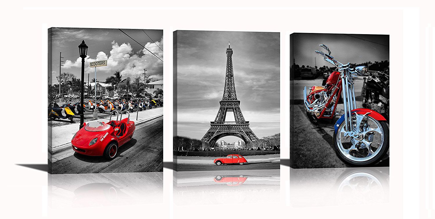 YPY Eiffel Tower Wall Art Red Car Motorcycle Picture Prints On Canvas for Home Bedroom Decoration 3 Panels