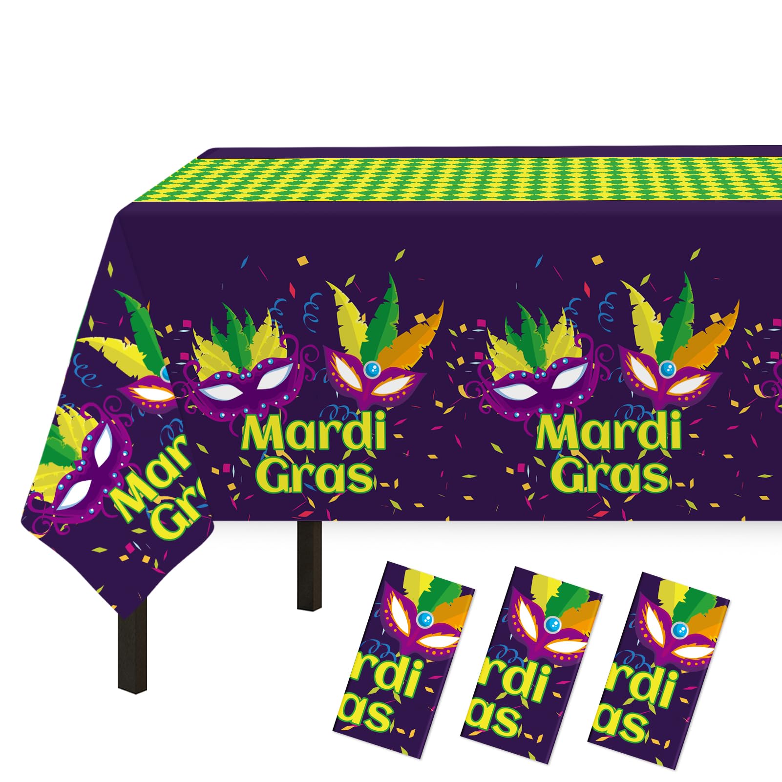 Photo 1 of Childom Mardi Gras Decorations,3 Pack Disposable Plastic Tablecloths for Rectangle Table 54" x 108" Mardi Gras Tablecloths for Party Decor,Table Cloths for Birthday,Home,Dinner,Carnival,Party Supplies