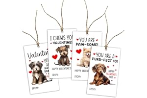 JIOJIO CHAN Valentine’s Day Gift Tags Cute Dog Theme DIY Present Wrap Hang Label with Twine Kids Hang Name Label Valentine's Day Anniversary Party Wrapping Supplies - Pack of 40 (4 Styles) - J819