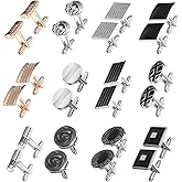 QFGasre 12 Pairs Cufflinks for Men Classic Tone Cuff Links Silver Black Striped Disc Square Rectangle Cuff Links Shirt Suit Men’s Cufflinks For Wedding Groom, Business Activities, Elegant Gift for Men
