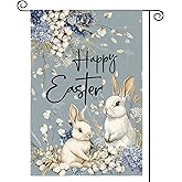 AVOIN colorlife Happy Easter Floral Garden Flag 12x18 Inch Double Sided Outside, Flowers Bunny Rabbit Yard Outdoor Flag