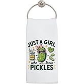LADOCK Pink Bow Funny Pickle Kitchen Towels, Pickle Lover Gifts Hand Towels for Bathroom Decor, Just a Girl Who Loves Pickles Dish Tea Towel for Kitchen Decor, 16x24 Inch