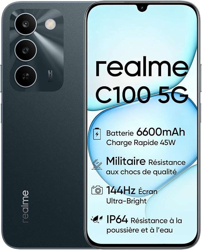 C100 5G Smartphone, 4GB+128GB, Écran LCD 144Hz 6,5", Batterie 6600mAh, Appareil Photo 50MP IA, IP64, Charge Rapide 45W, Double SIM, AI Boost, Vert (sans Adaptateur)