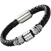 COOLSTEELANDBEYOND Mens Steel Skull Black Leather Bracelet Genuine Leather Wristband Bangle with Steel Magnetic Clasp