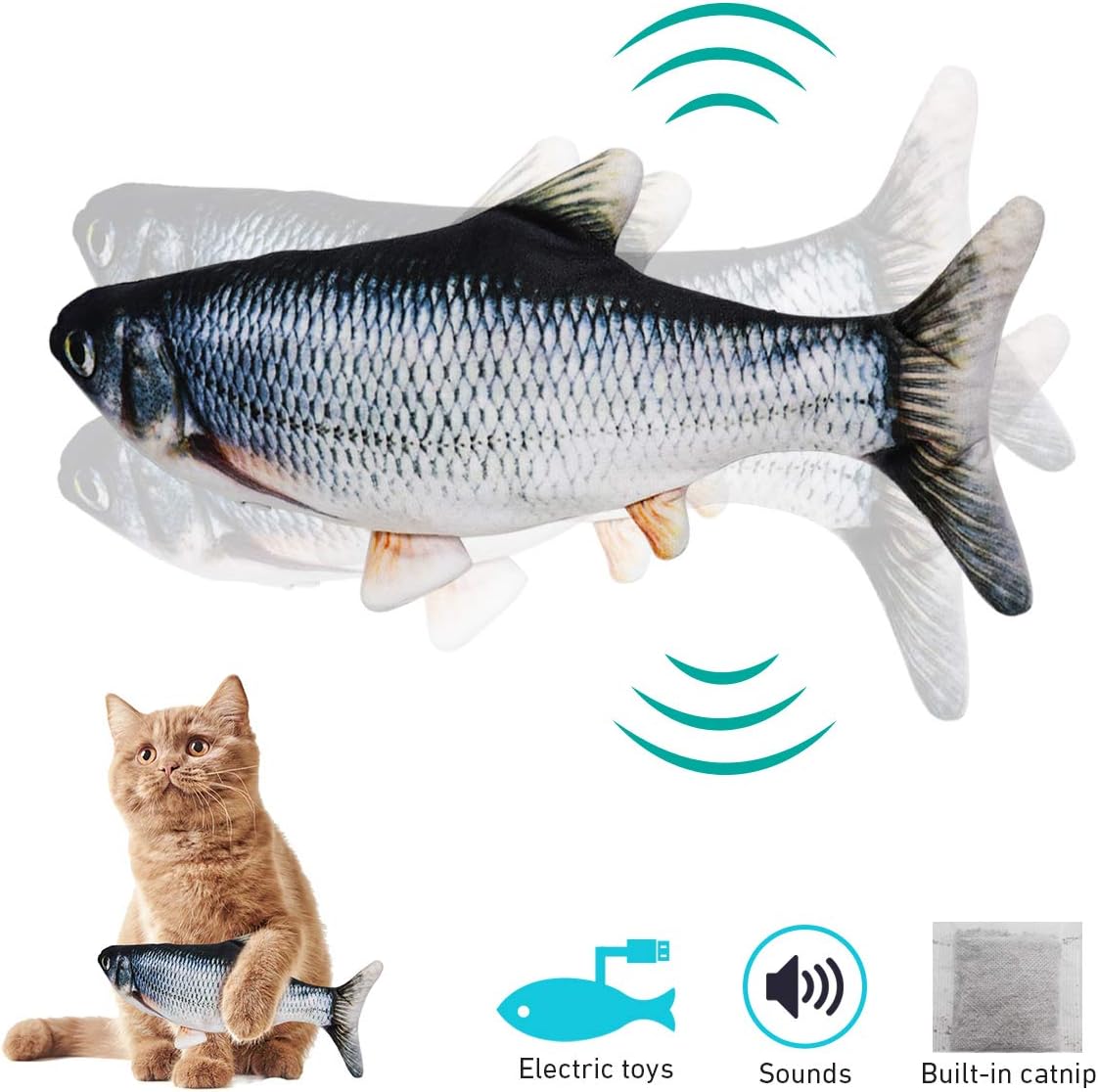 GACO 11" Moving Cat Kicker Fish Toy, Electric Realistic Flopping Fish, Wiggle Fish Catnip Toys, Motion Kitten Toy, Plush Interactive Cat Toys,Fun Toy for Cat Exercise