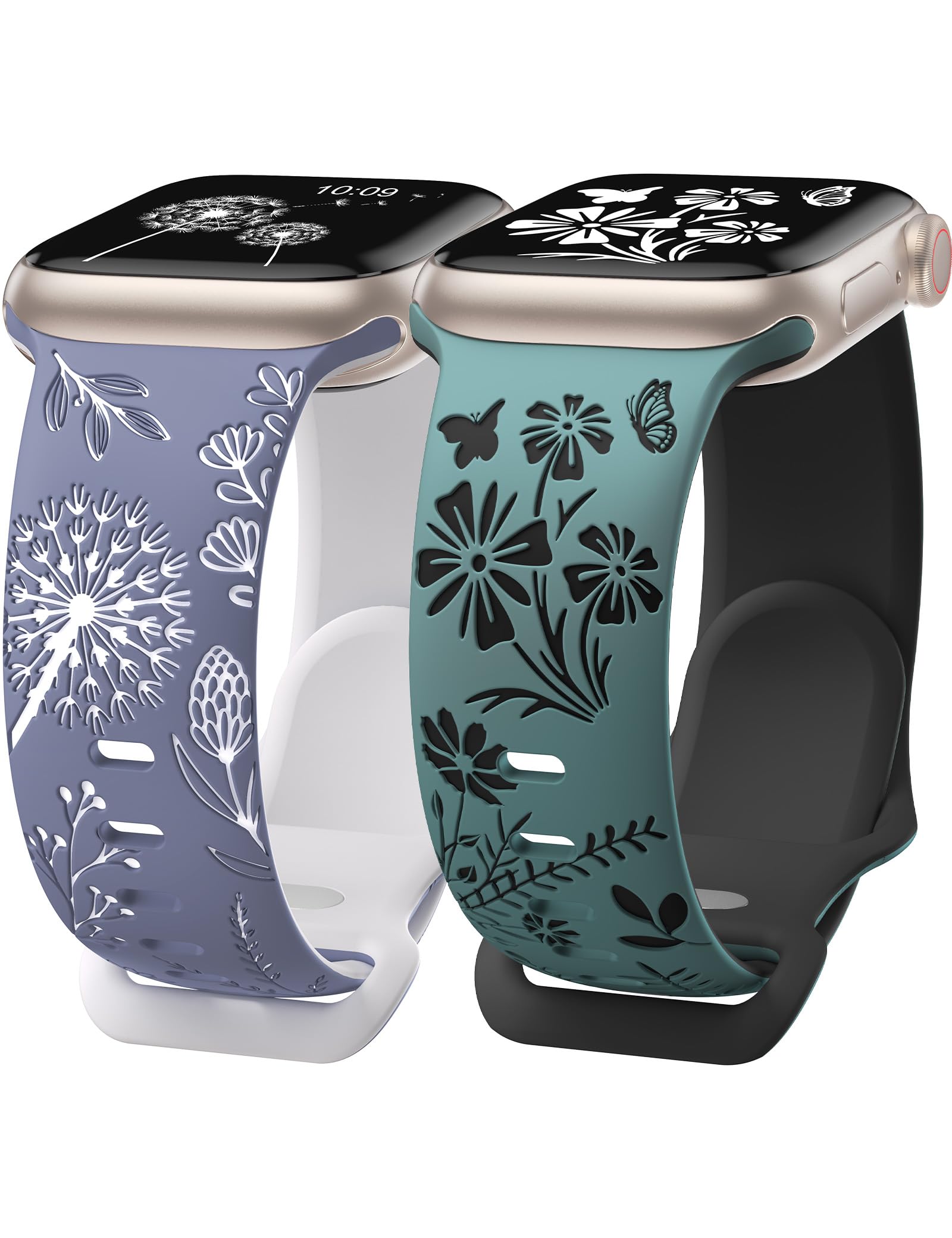Wearlizer 2 Packs Floral Engraved Compatible with Apple Watch Bands 49/46/45/44/42mm Women, Cute Two-Tone Flower Soft Silicone Strap for iWatch Series 11 10 9 8 7 6 5 4 3 SE/Ultra 3 2 1-Variation 5