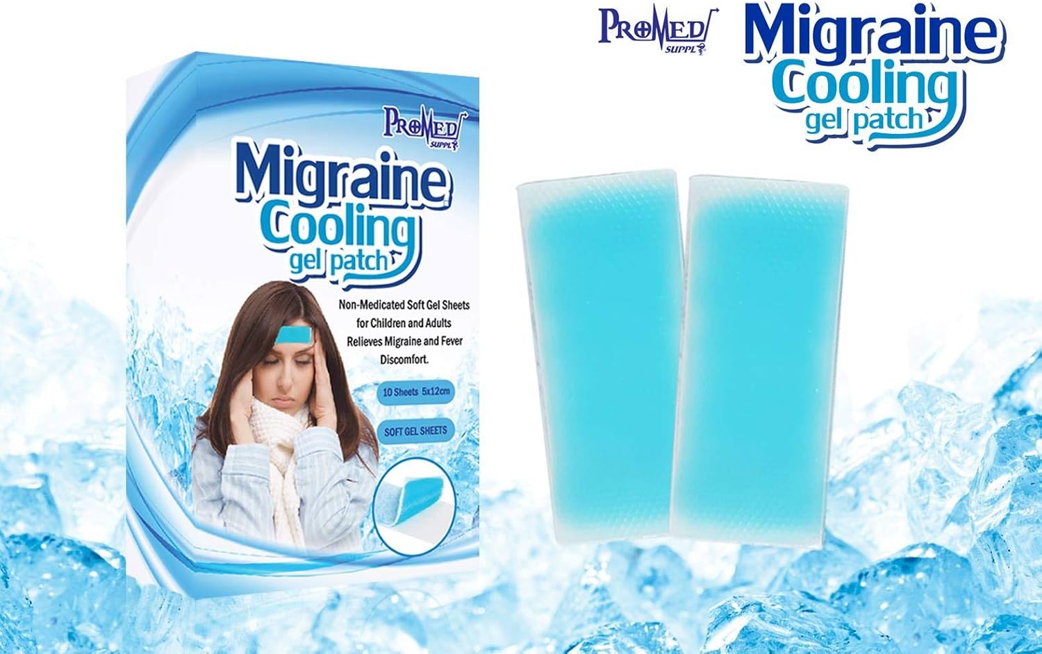Migraine & Headache Cooling Gel Patch for Fever, migraine, Muscle ache Sprain, and hot Flash discomfort Blue Forehead Cold hydrogel Cooling Sticker 5x12 cm 10 Sheets- Promed Supply: Health & Personal Care