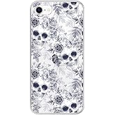 Blingy's for iPhone SE Case (3rd Gen)/(2nd Gen) 4.7inch, Fun Floral Skull Pattern Retro Vintage Art Design Transparent Soft TPU Protective Clear Case (White Floral Skulls)