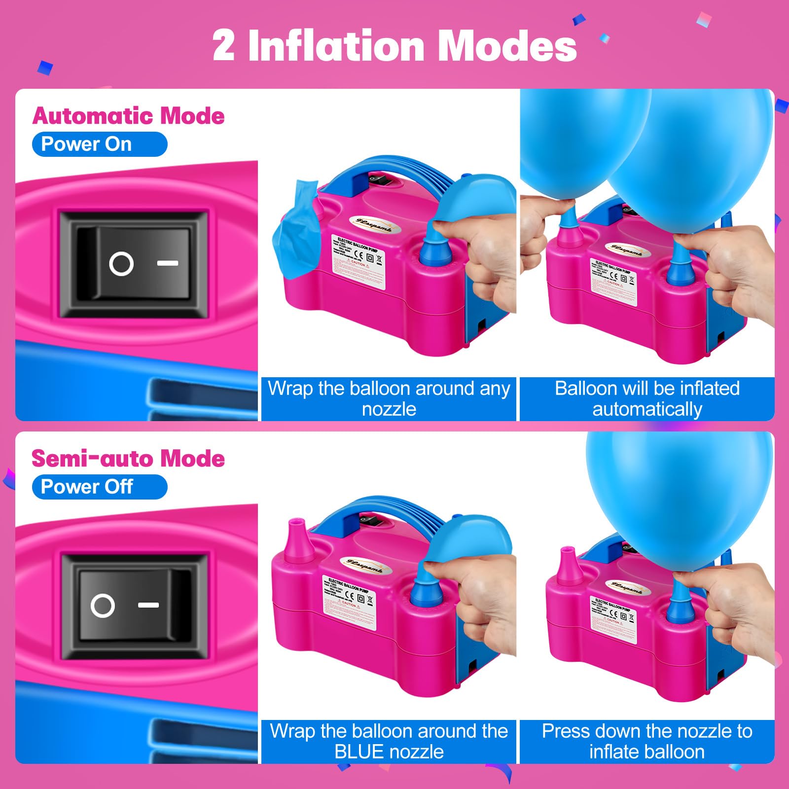 FLSEPAMB Balloon Pump, Electric Balloon Pump,Portable Dual Nozzles Electric Balloon Air Pump 110V 600W, Electric Balloon Inflator with Tying Tool, Colored Ribbons for Party Decoration