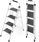 KINGRACK 4-Step Folding Step Ladder with Handrail White Lightweight 6.8kg
