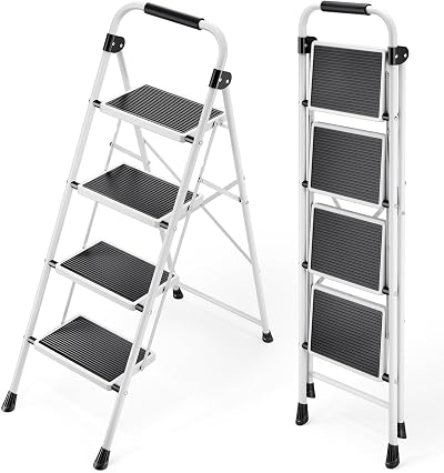 KINGRACK 4-Step Folding Step Ladder with Handrail White Lightweight 6.8kg