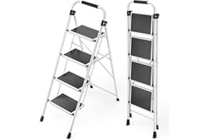 KINGRACK 4 Step Ladder, Folding Step Ladder, Kitchen Ladder with Anti-Slip and Wide Pedal, Small Step Stool with Handrails, L