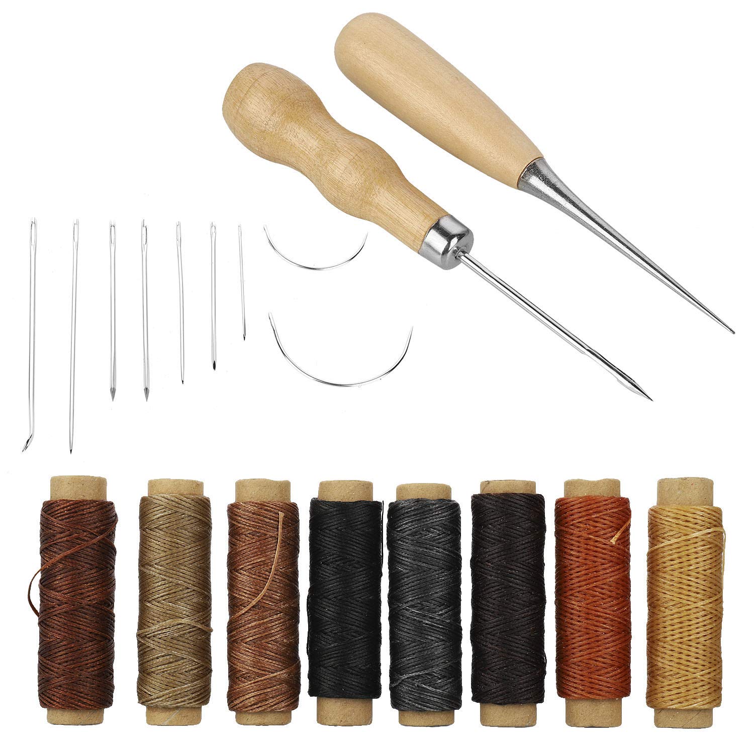 HRLORK Kit Cucito Pelle: 11 Aghi Curvi E Dritti Con Filo Cerato, Punteruolo E Ditale Per Riparazioni Fai Da Te - 2