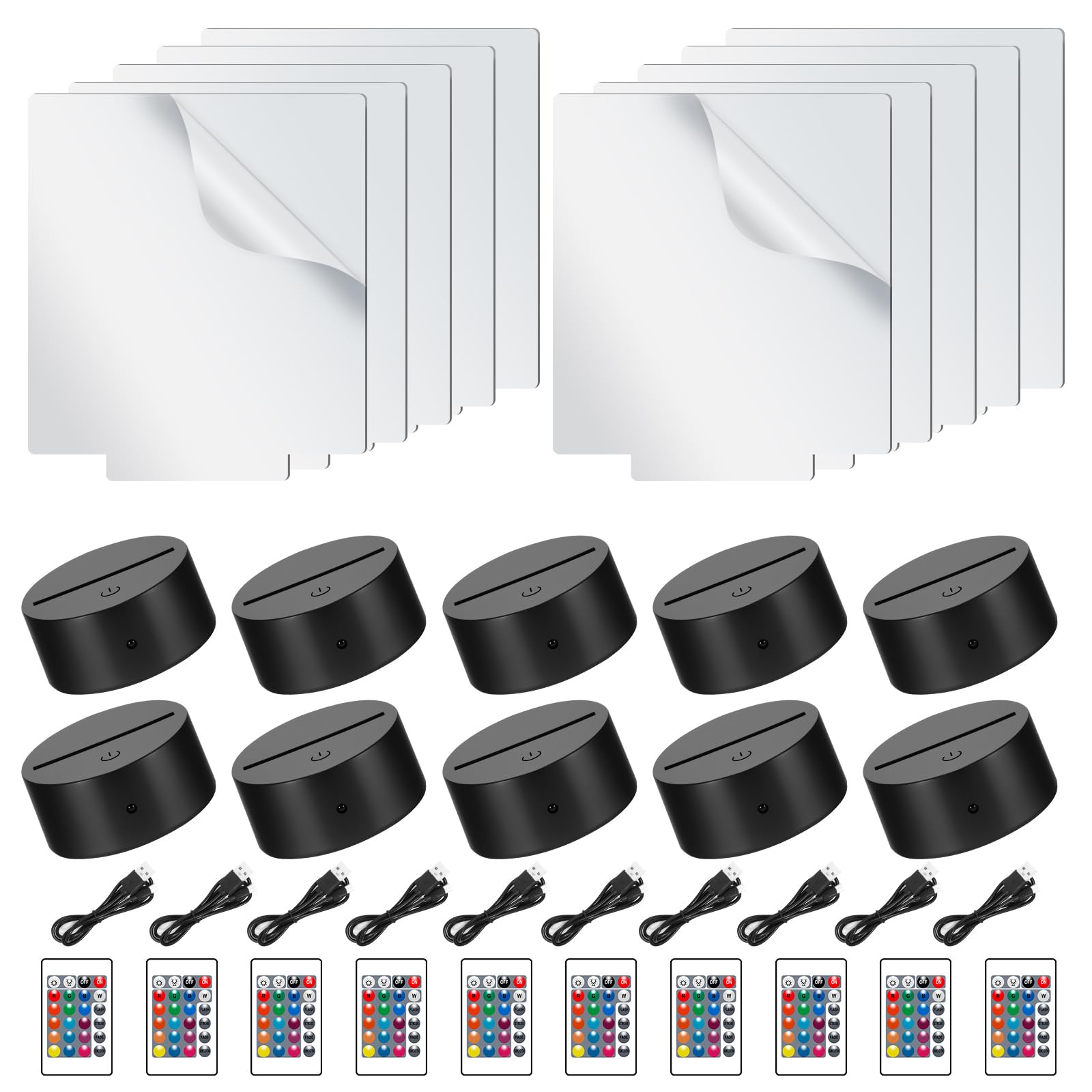 Viitech 10 Sets 3D Night Light, Touch Switch DIY Acrylic Lamp Base Set with 7 Color Changing and 2 Light Modes, 3D Illusion Night Light with Remote Control for Bedroom Child Room Restaurant