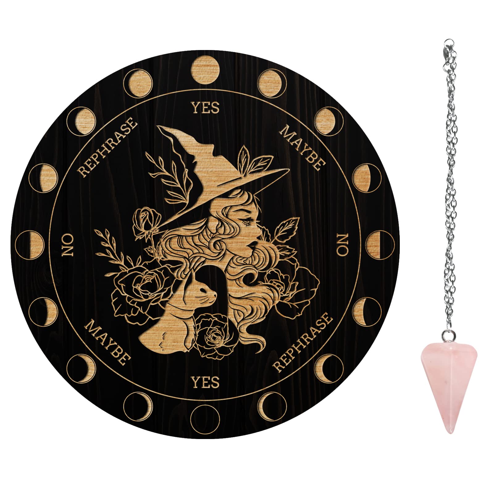 AHANDMAKER Witch Cat Pendulum Board, Dowsing Divination Metaphysical Message Board Wooden Carven Board with Crystal Pendulum Necklace Divination for Witchcraft Wiccan Altar Supplies Kit, 7.8inch