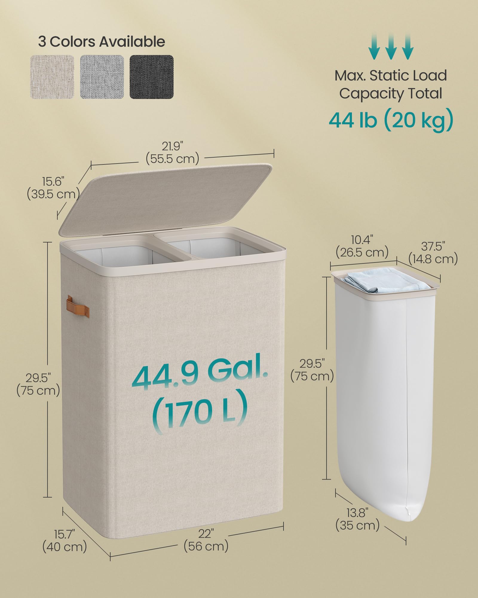 SONGMICS Laundry Basket, 44.9 Gal. Laundry Hamper, 2 Compartments, Easy Assembly, with Lid and Handles, Removable Inner Bags, 22 x 15.7 x 29.5 Inches, Cappuccino Beige ULCB813L01
