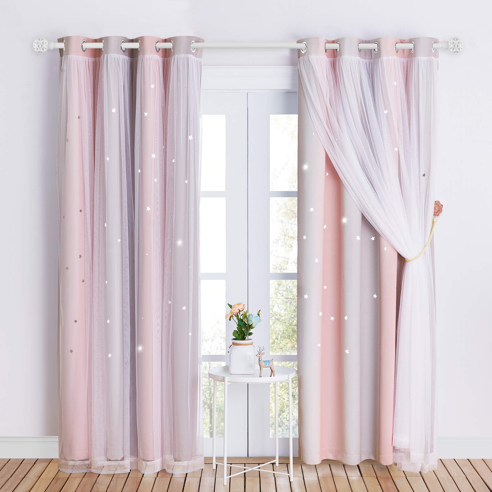 NICETOWN Kids Blackout Curtains Voile - Eyelet Top Thermal Insulated Curtains Light Blocking Filter Window Star Curtain for Kids Girls Nursery Bedroom, Grey Pink, 2 Panels, W52 x L95 Inch (132x241 cm)