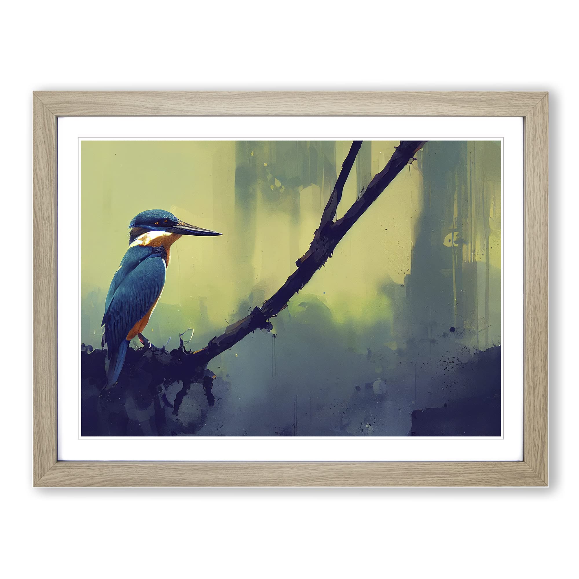 Kingfisher Bird Art Painting Vol.2 Framed Print | A4 Oak Framed Wall Art | Ready to Hang | Modern Historical Picture | Living Room Bedroom Lounge Office