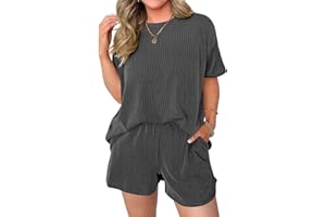 miduo Womens 2 Piece Sets Ribbed Textured Knit Casual Short Sleeve Shirts Shorts Two Piece Lounge Matching Set