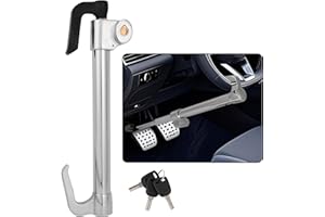 DUKVI Universal Anti-Theft Steering Wheel & Brake Pedal Lock with Retractable Double Hook, 3 Double Row Atom Keys, Car Security Lock for Truck SUV Van, Emergency Window Breaker
